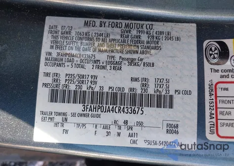 2012 Ford Fusion Sel from USA, damaged, VIN 3FAHP0JA4CR433675